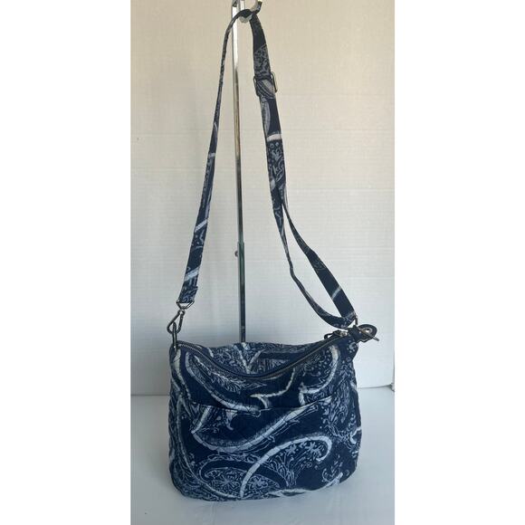 Vera Bradley Large Quilted Blue White Floral Fabric Crossbody Purse Saddle Bag - Picture 4 of 11